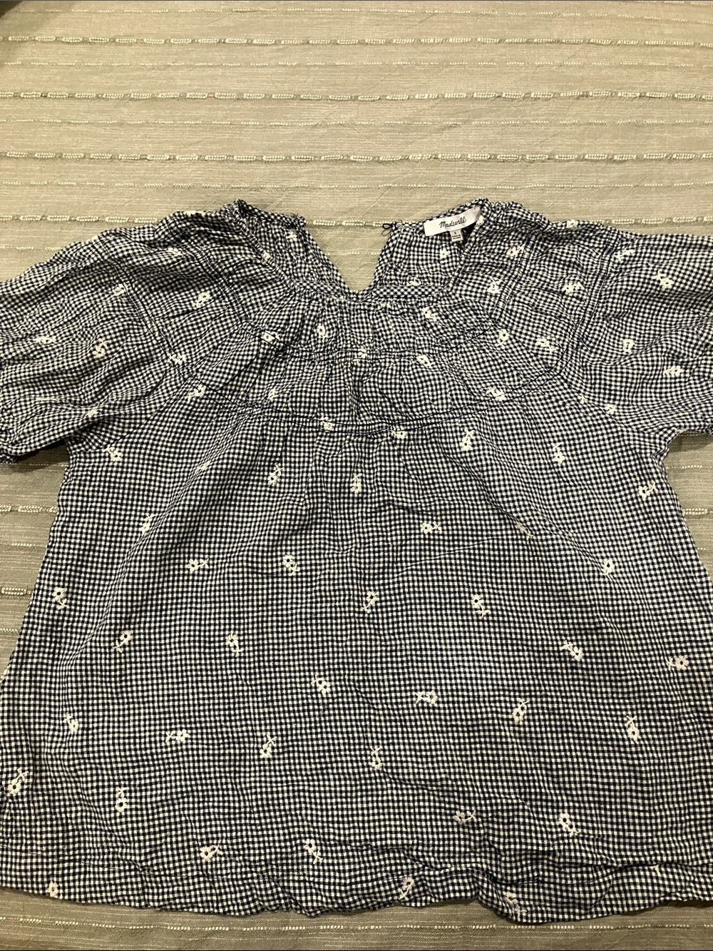 Madewell Navy & White Gingham Short Sleeve Smocked Top